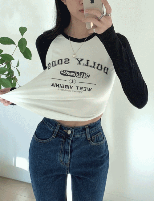 [ 밑단굴림/쫀쫀스판 ] 피네 레터링 나그랑 긴팔 크롭 티셔츠